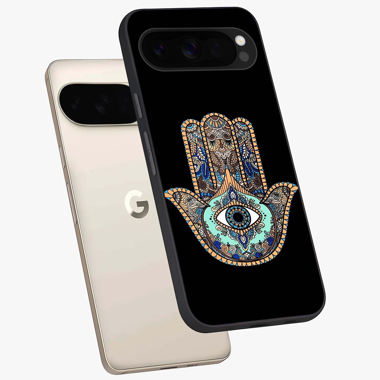 Mystic Hamsa Eye Glass Case displayed in angled mockup highlighting spiritual hamsa symbol with mystical aesthetic style.