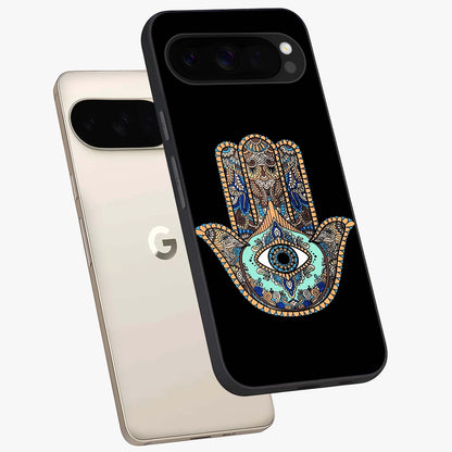 Mystic Hamsa Eye Glass Case displayed in angled mockup highlighting spiritual hamsa symbol with mystical aesthetic style.