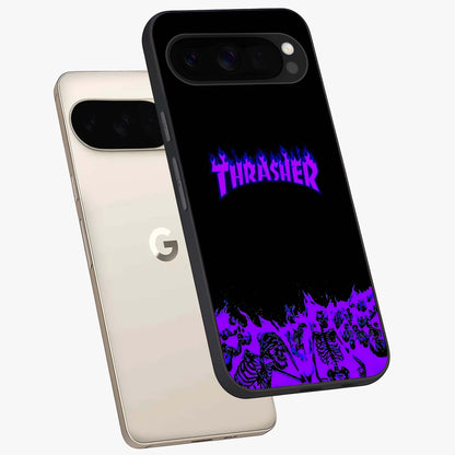 Neon Flame Riot Glass Case displayed in angled mockup highlighting glowing flame design with vibrant neon aesthetic.