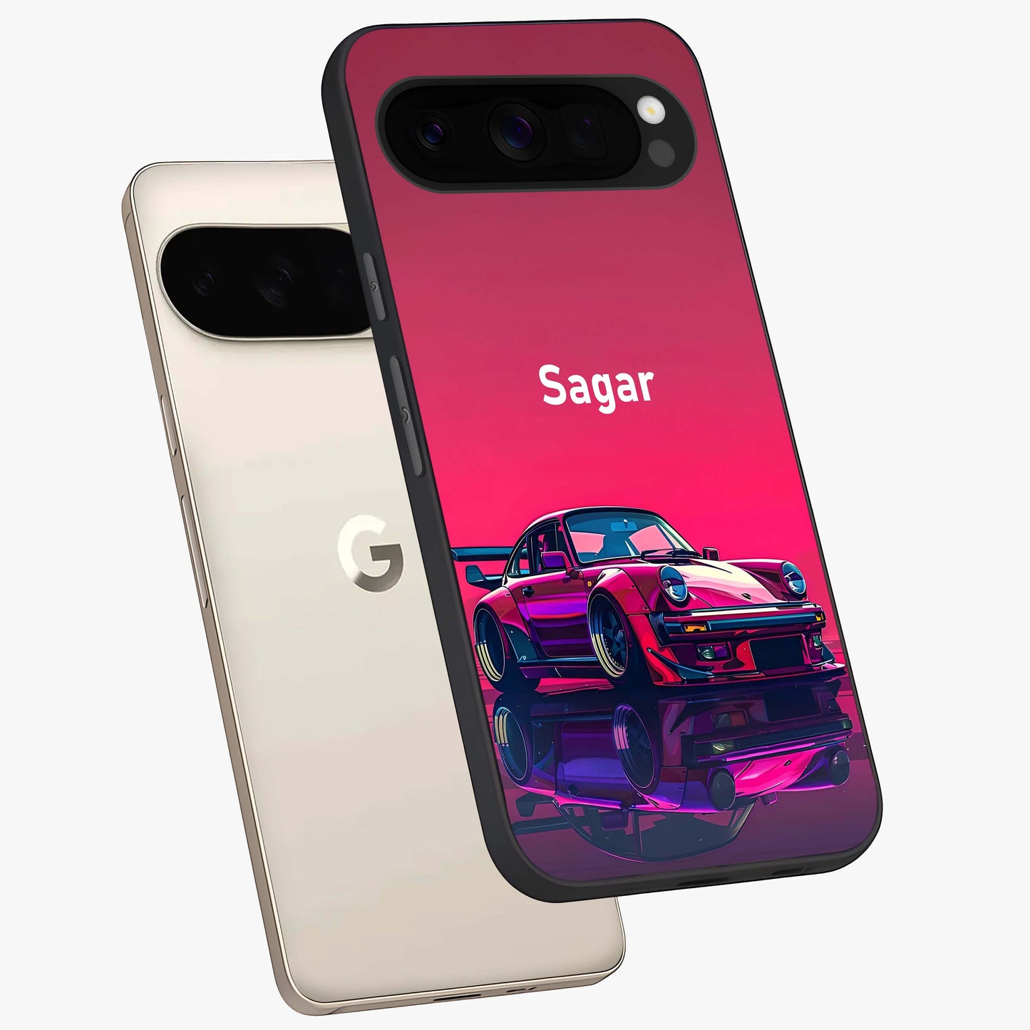 Neon Pink Porsche Glass Case displayed in angled mockup highlighting sleek neon pink car design with racing aesthetic.