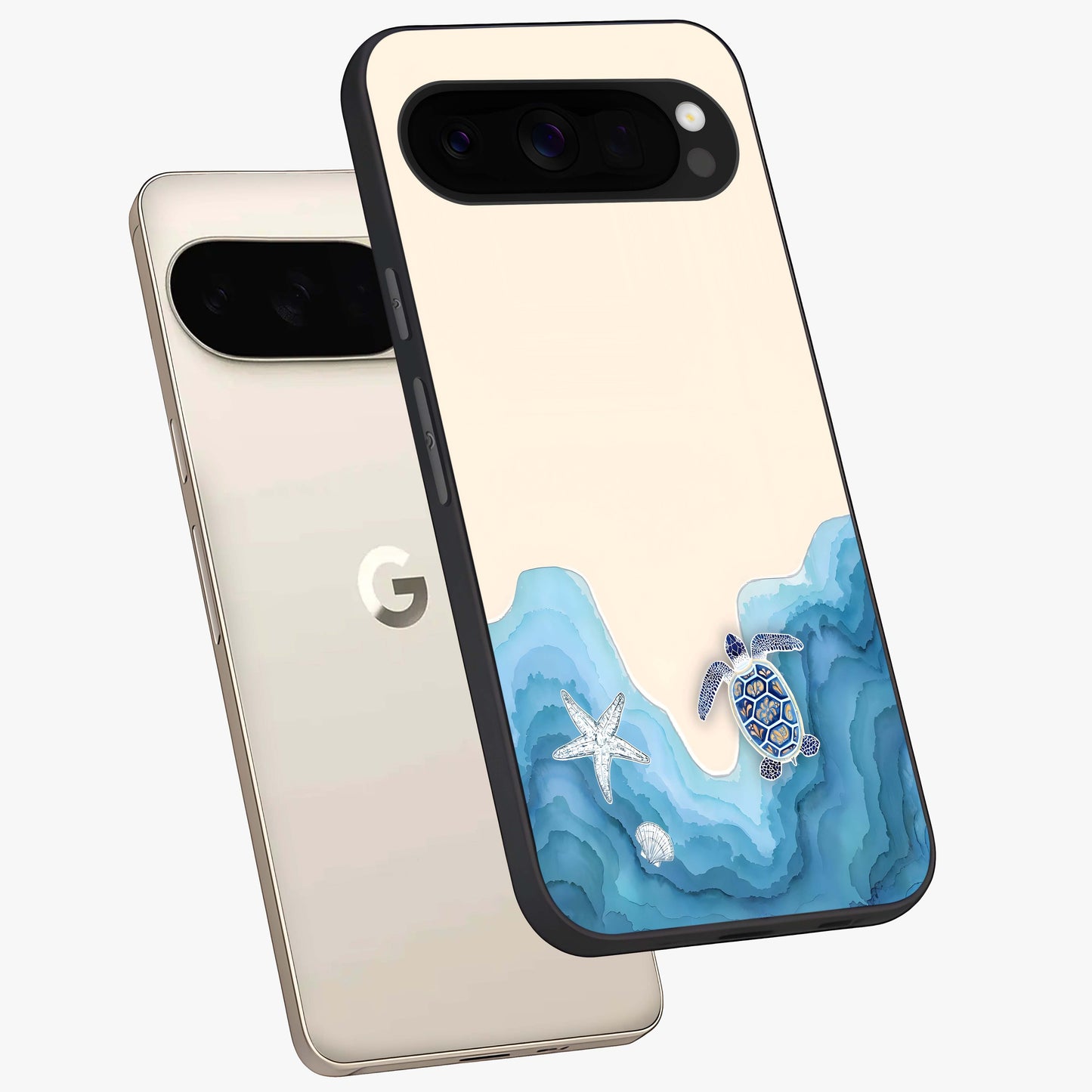 Ocean Drift Turtle Glass Case displayed in angled mockup highlighting peaceful ocean turtle illustration with marine aesthetic.