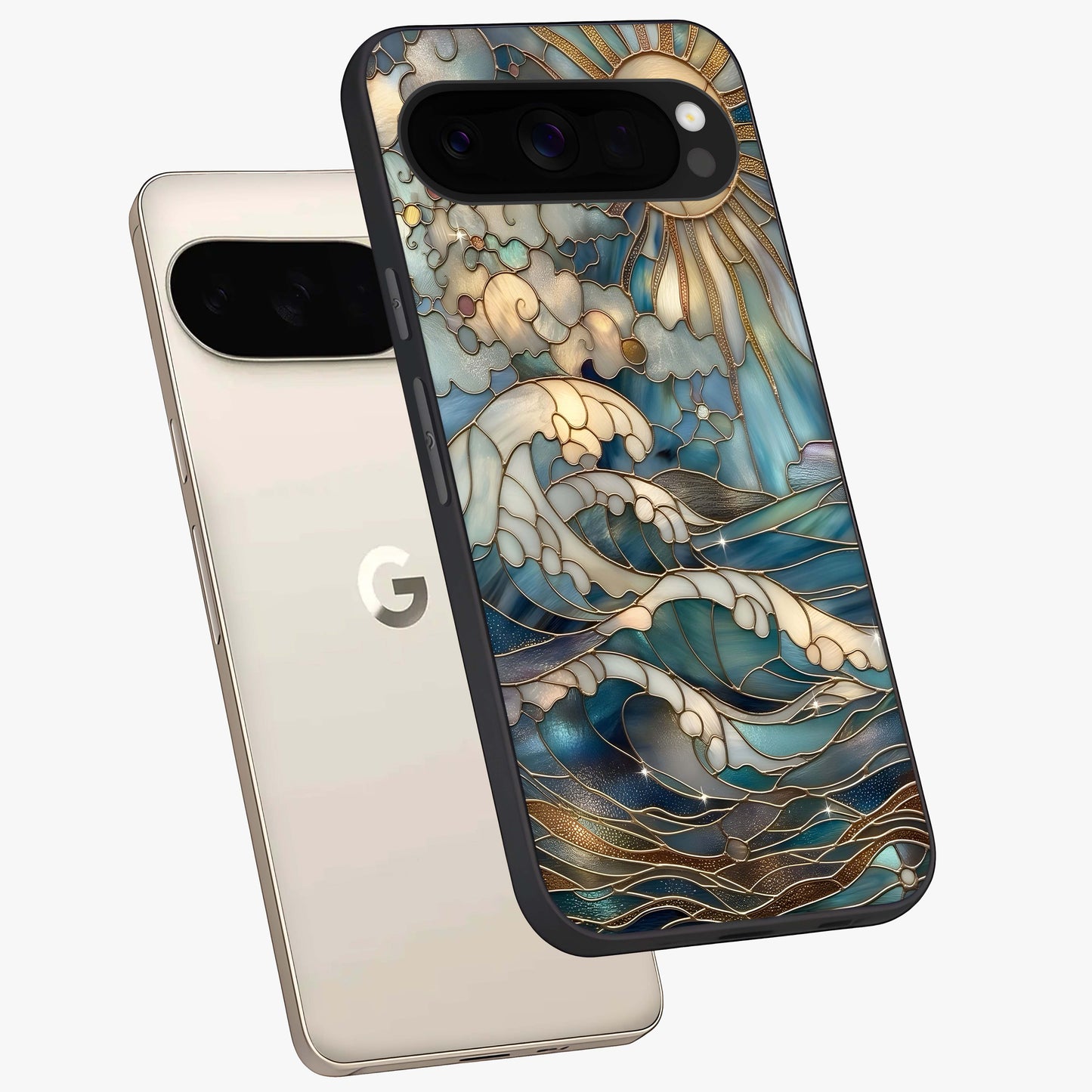 Oceanic Stained Printed Glass Case displayed in angled mockup highlighting colorful aquatic design with artistic aesthetic style.