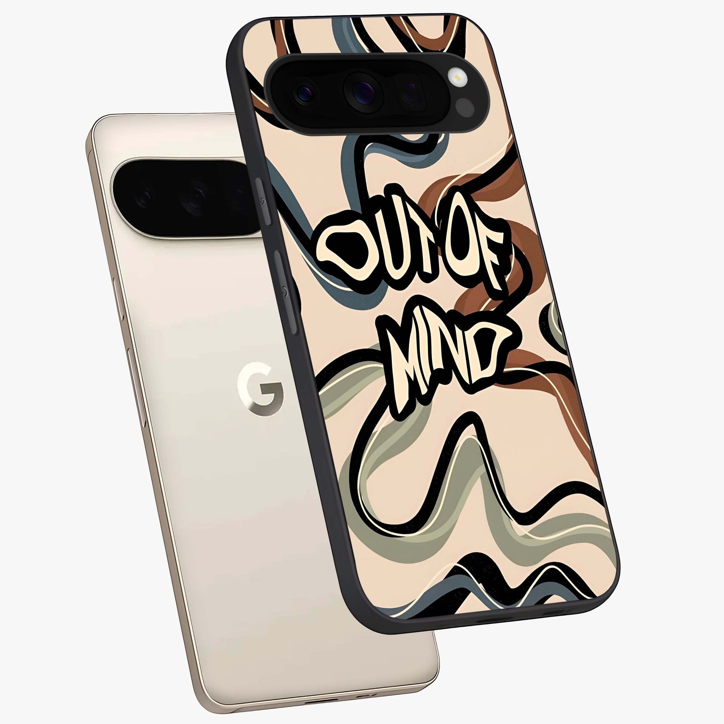 Out Of Mind Glass Case displayed in angled mockup highlighting bold statement design with modern artistic aesthetic.
