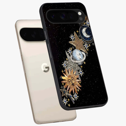 Pearls Universe Object Glass Case displayed in angled mockup highlighting celestial pearl design with dreamy aesthetic.