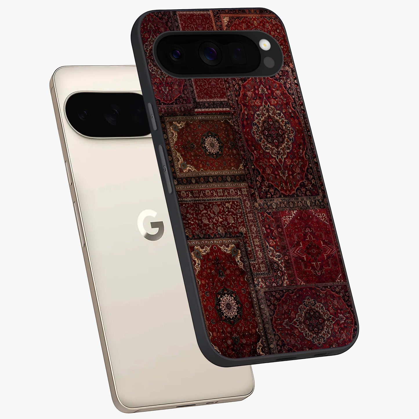 Persian Velvet Tale Glass Case displayed in angled mockup highlighting ornate textile inspired design with royal aesthetic.