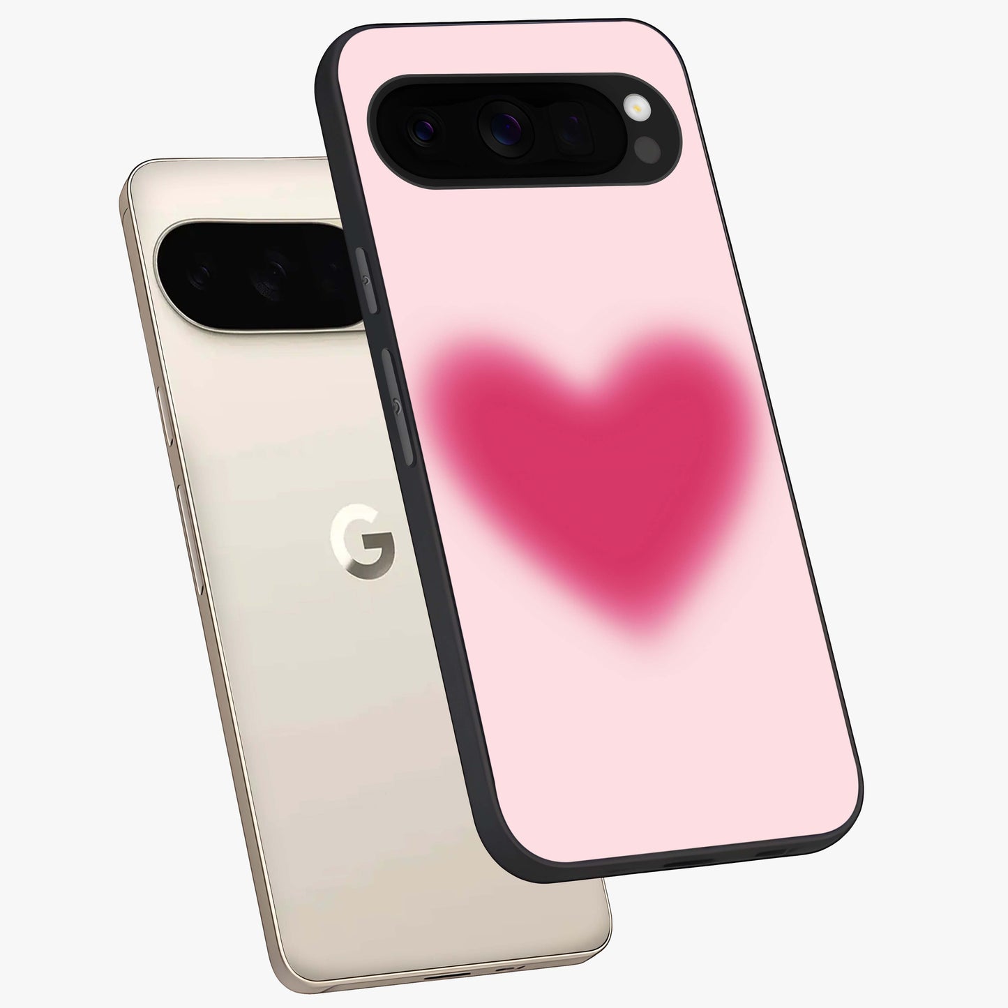 Pink Aura Heart Glass Case displayed in angled mockup highlighting vibrant pink heart design with dreamy aura aesthetic.