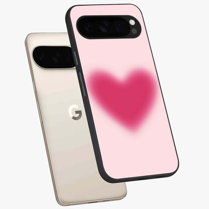 Pink Aura Heart Glass Case displayed in angled mockup highlighting vibrant pink heart design with dreamy aura aesthetic.