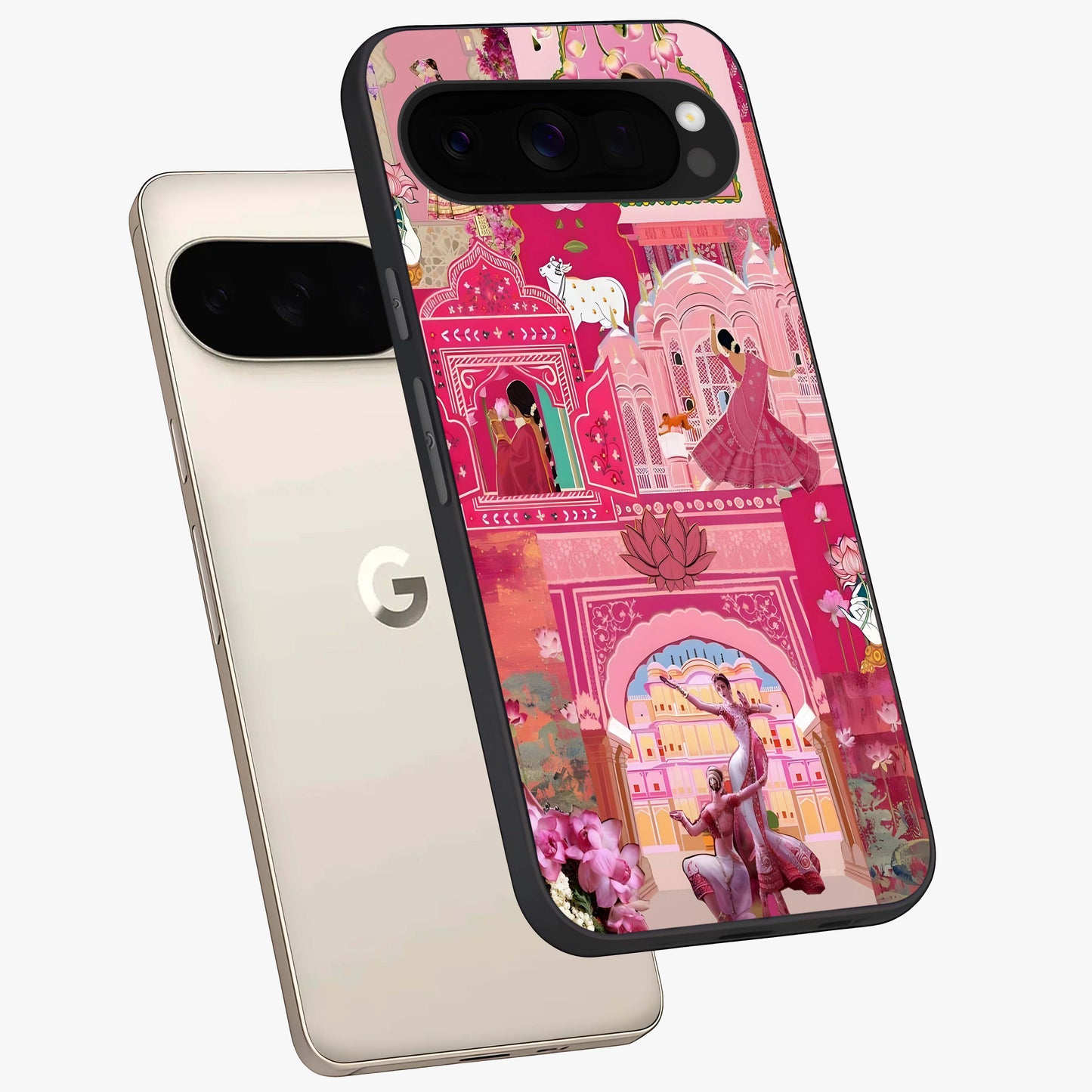 Pink Palace Muse Glass Case displayed in angled mockup highlighting dreamy palace illustration with soft pink aesthetic.