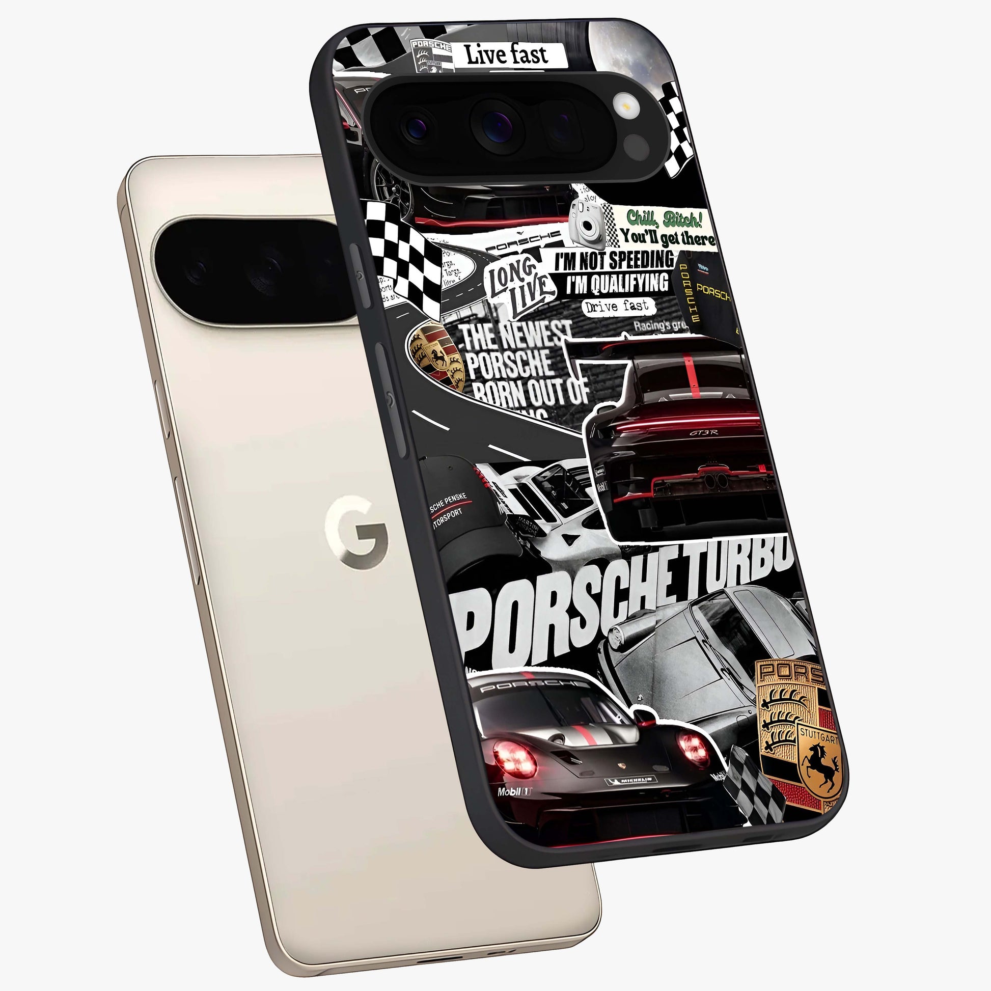 Porsche Racing Collage Glass Case displayed in angled mockup highlighting dynamic automotive design with bold racing aesthetic.