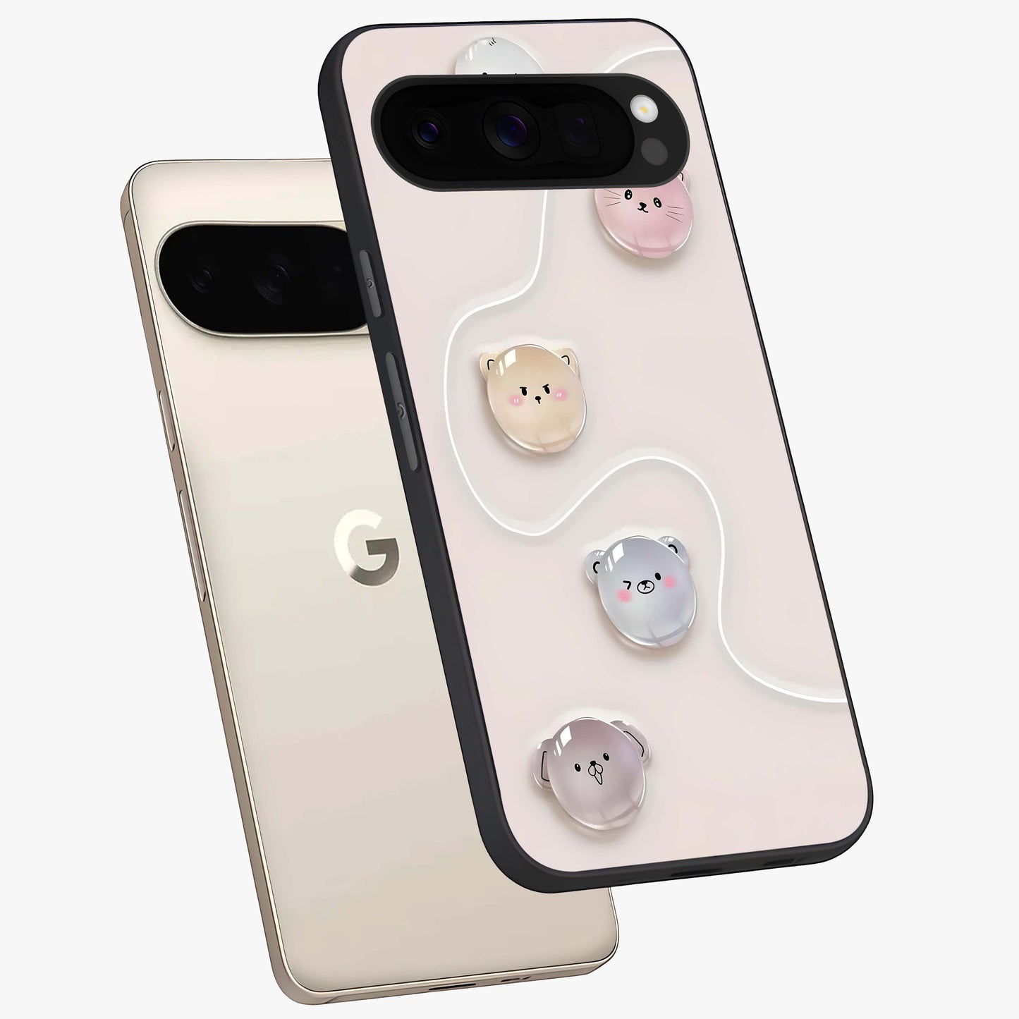 Puffy Face Parade Glass Case displayed in angled mockup highlighting playful cartoon face design with fun aesthetic.