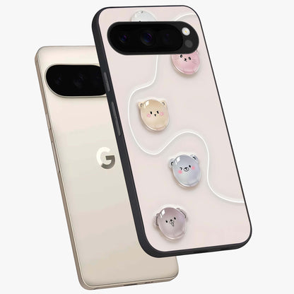 Puffy Face Parade Glass Case displayed in angled mockup highlighting playful cartoon face design with fun aesthetic.