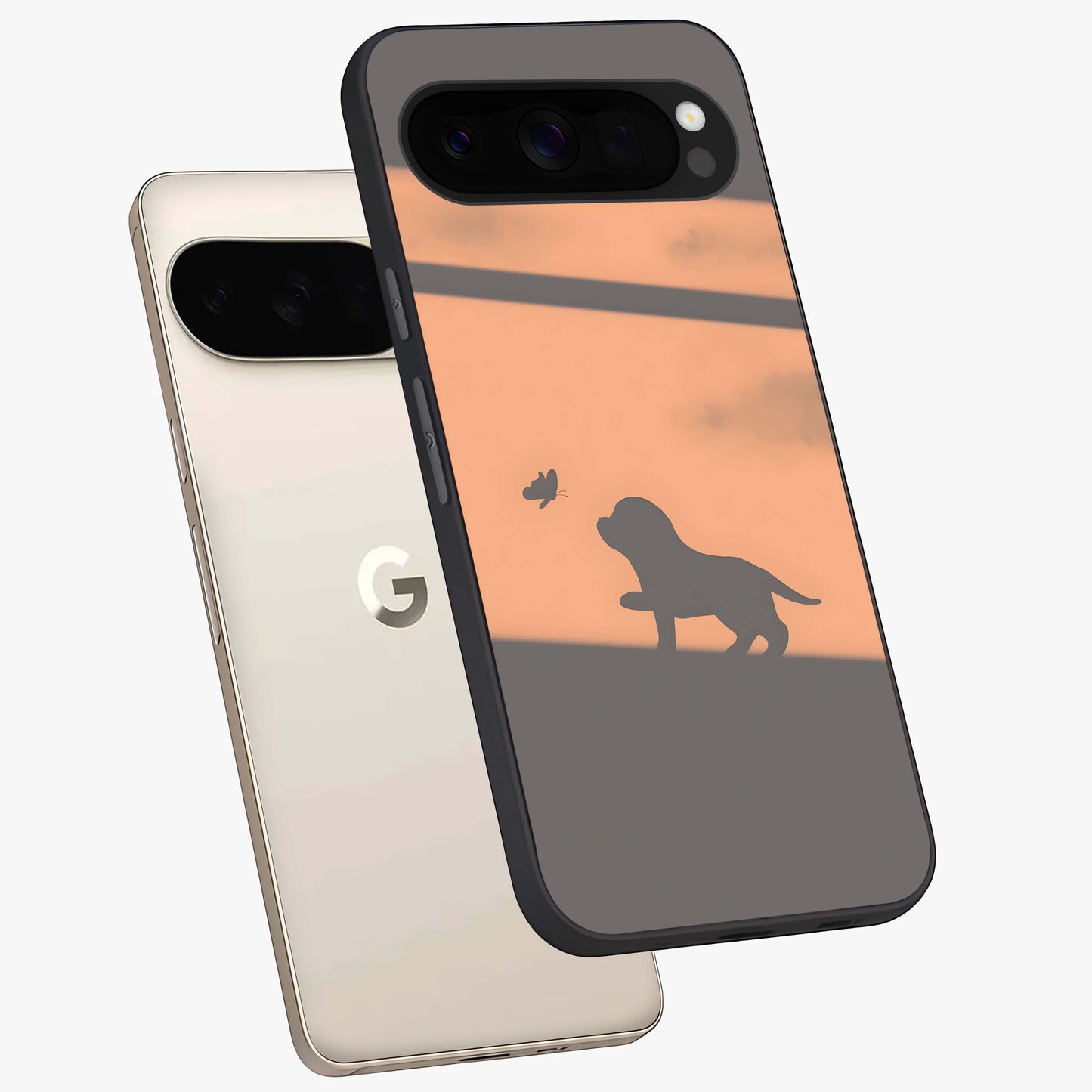 Puppy Shadow Art Glass Case displayed in angled mockup highlighting playful dog illustration with artistic shadow aesthetic.