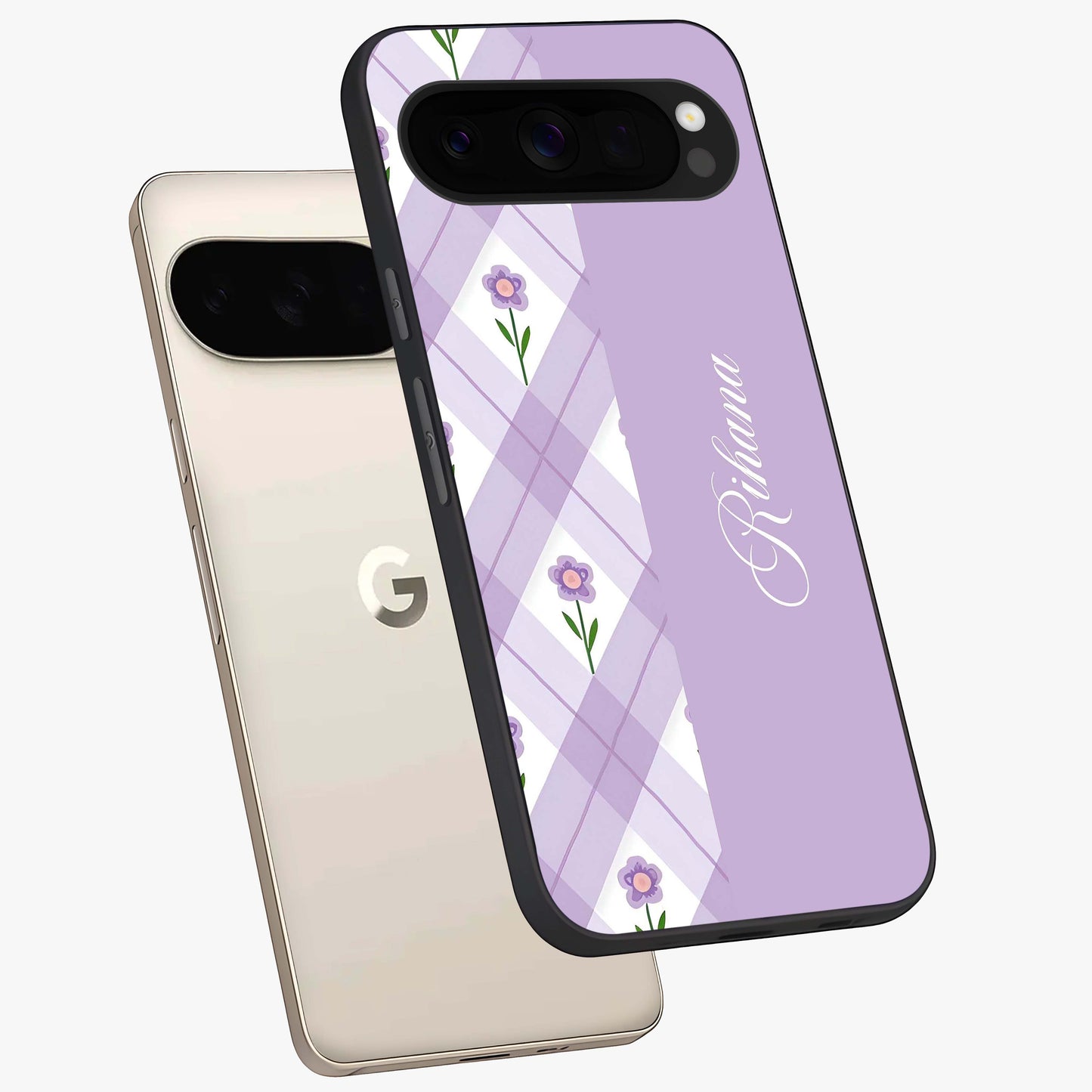 Purple Diamond Floral Glass Case displayed in angled mockup highlighting elegant purple flower design with decorative pattern.