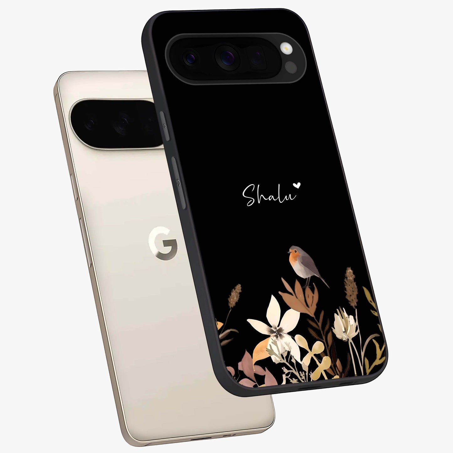 Quiet Garden Tune Custom Name Glass Case displayed in angled mockup highlighting delicate floral garden design with custom name feature.