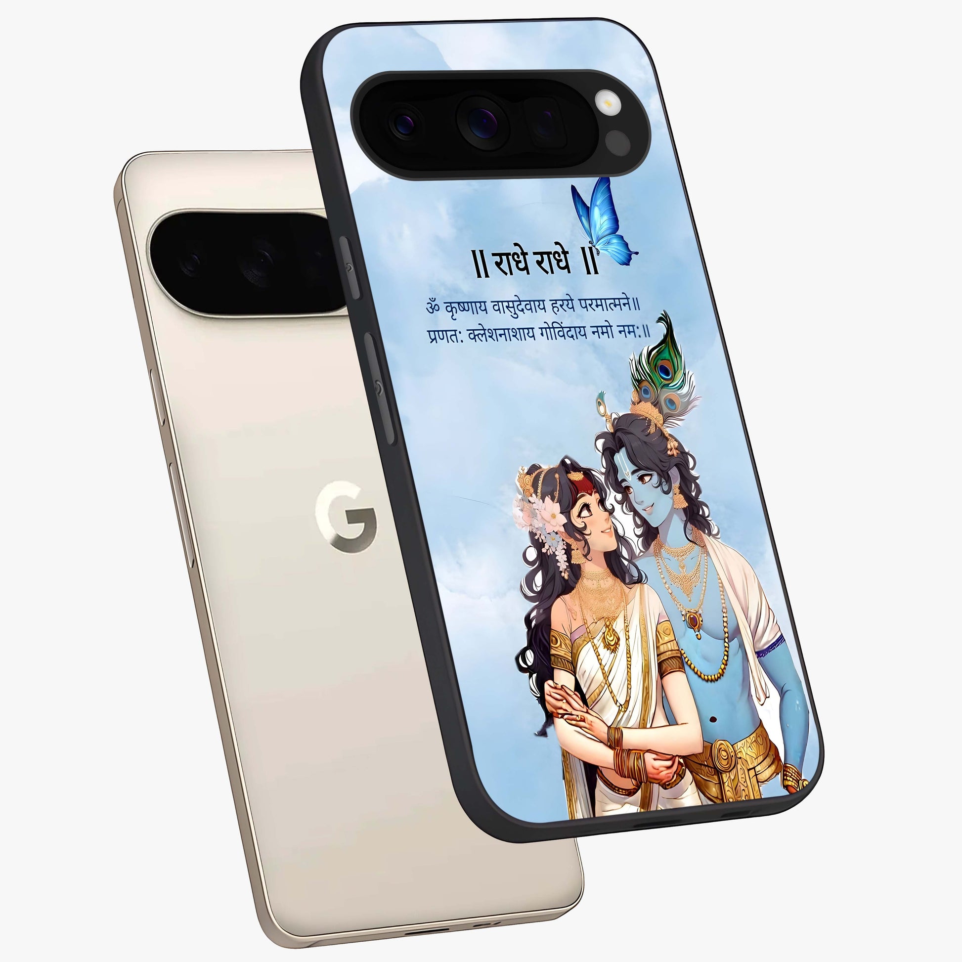 Radha Krishna Eternal Glass Case displayed in angled mockup highlighting divine Radha Krishna illustration with spiritual aesthetic.