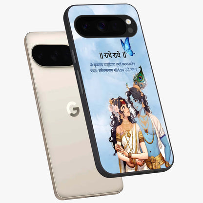 Radha Krishna Eternal Glass Case displayed in angled mockup highlighting divine Radha Krishna illustration with spiritual aesthetic.