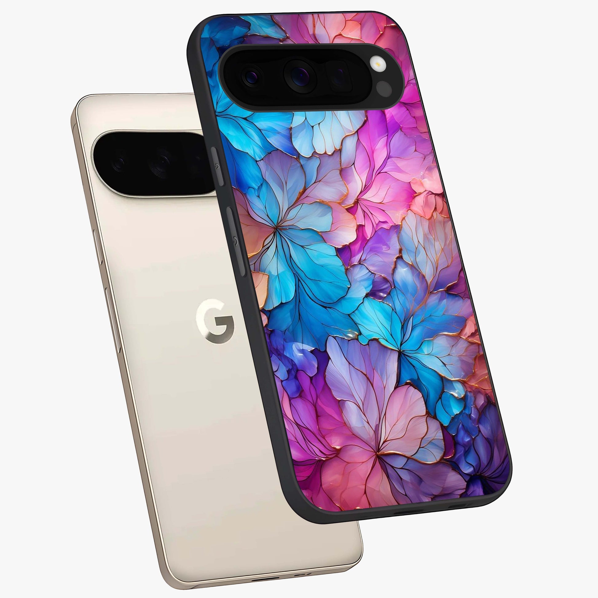 Radiant Floral Whirl Glass Case displayed in angled mockup highlighting vibrant flower pattern with dynamic artistic aesthetic.