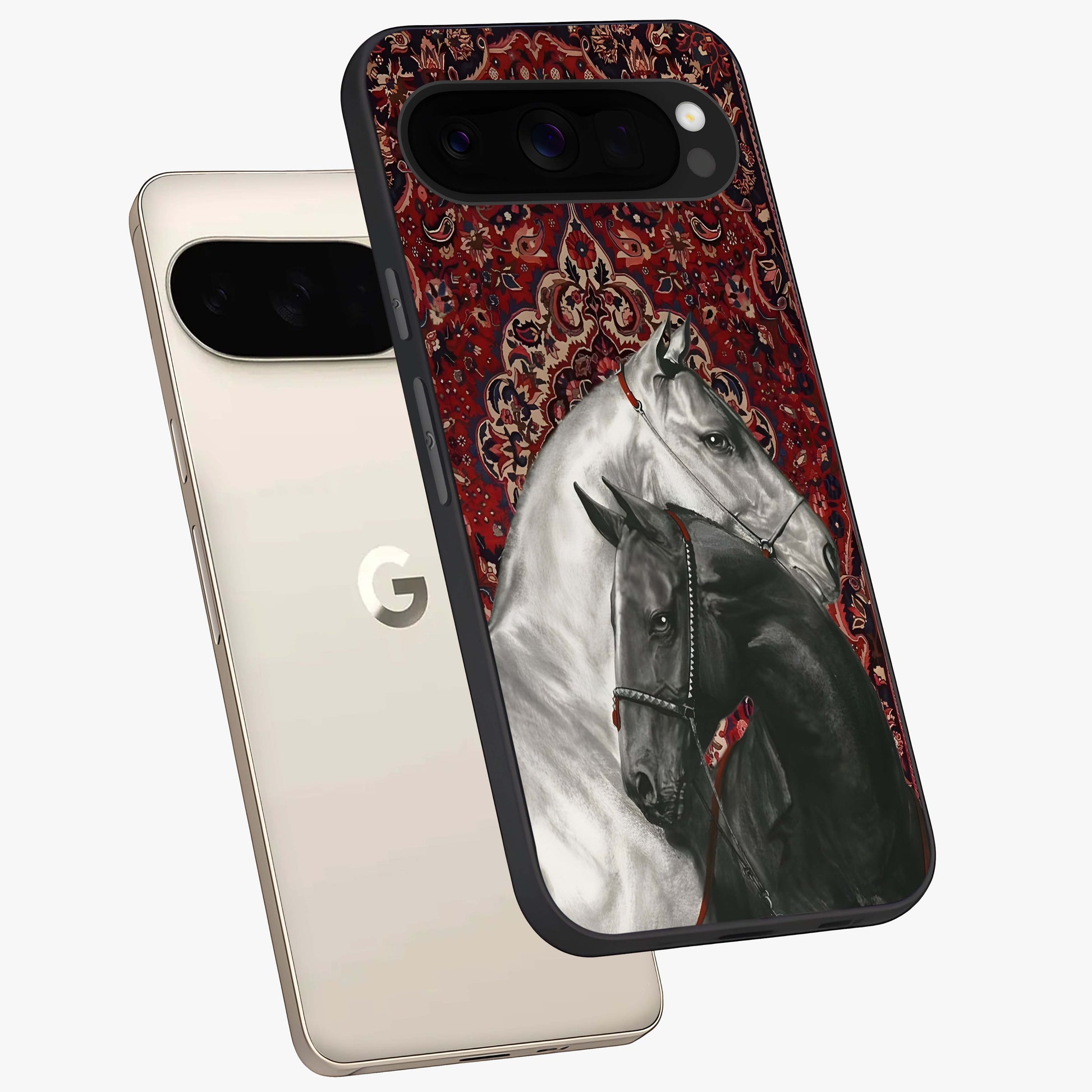 Regal Stallion Tapestry Glass Case displayed in angled mockup highlighting royal stallion design with decorative heritage aesthetic.