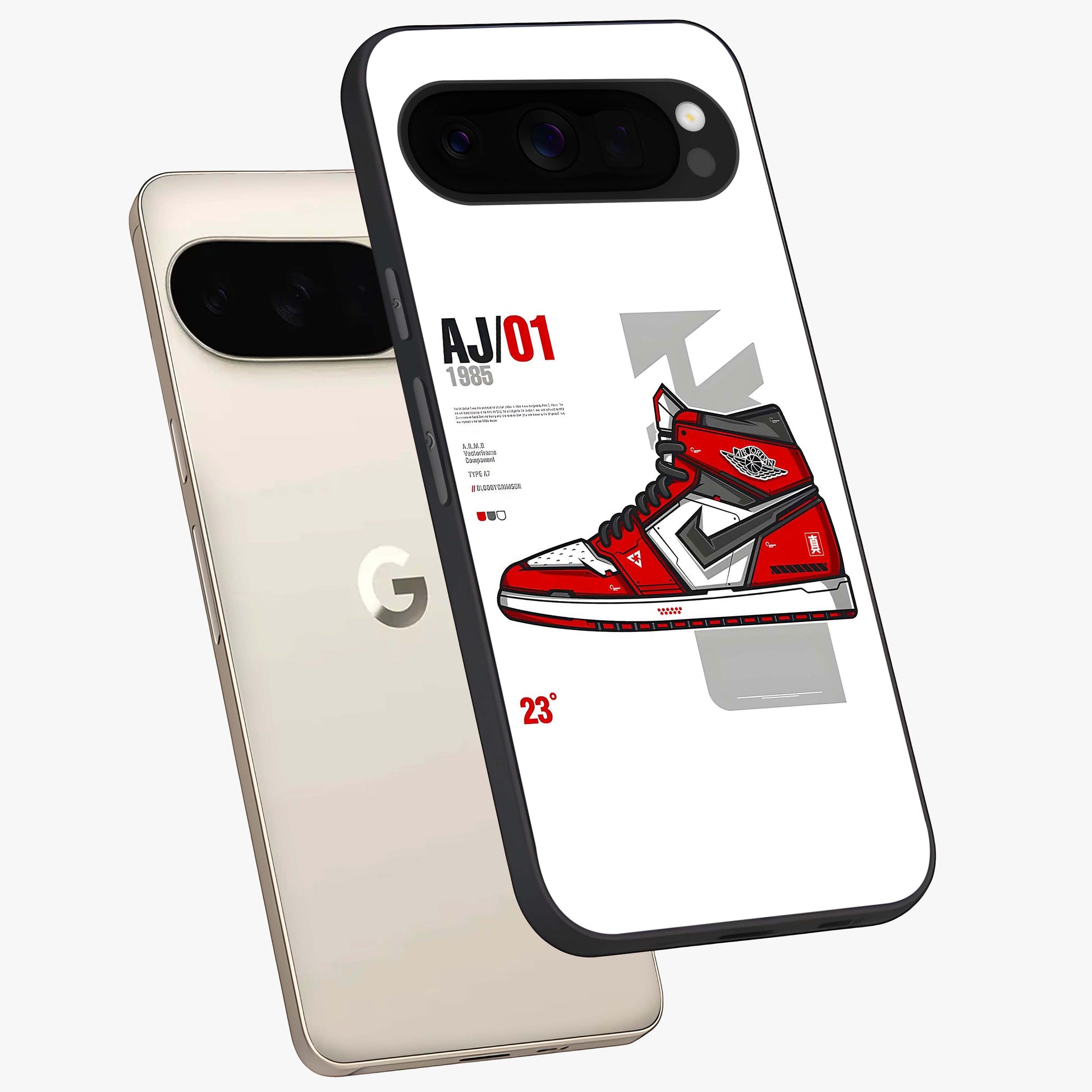 Retro Sneaker Blueprint Glass Case displayed in angled mockup highlighting detailed shoe design with sporty retro aesthetic.