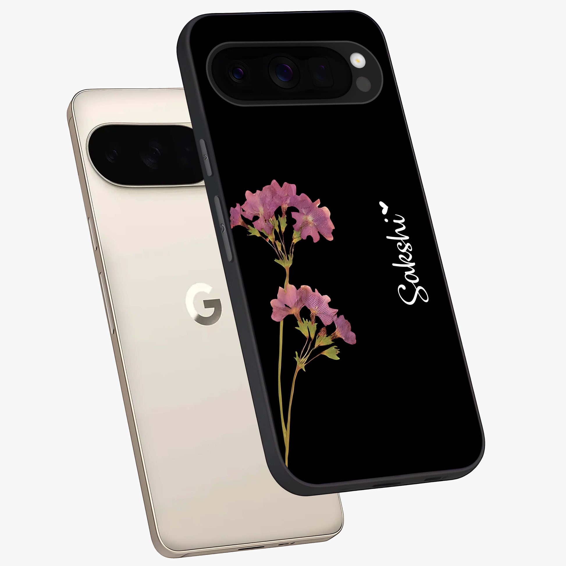 Riching Lavender Flower Custom Name Glass Case displayed in angled mockup highlighting delicate lavender flower design with custom name feature.
