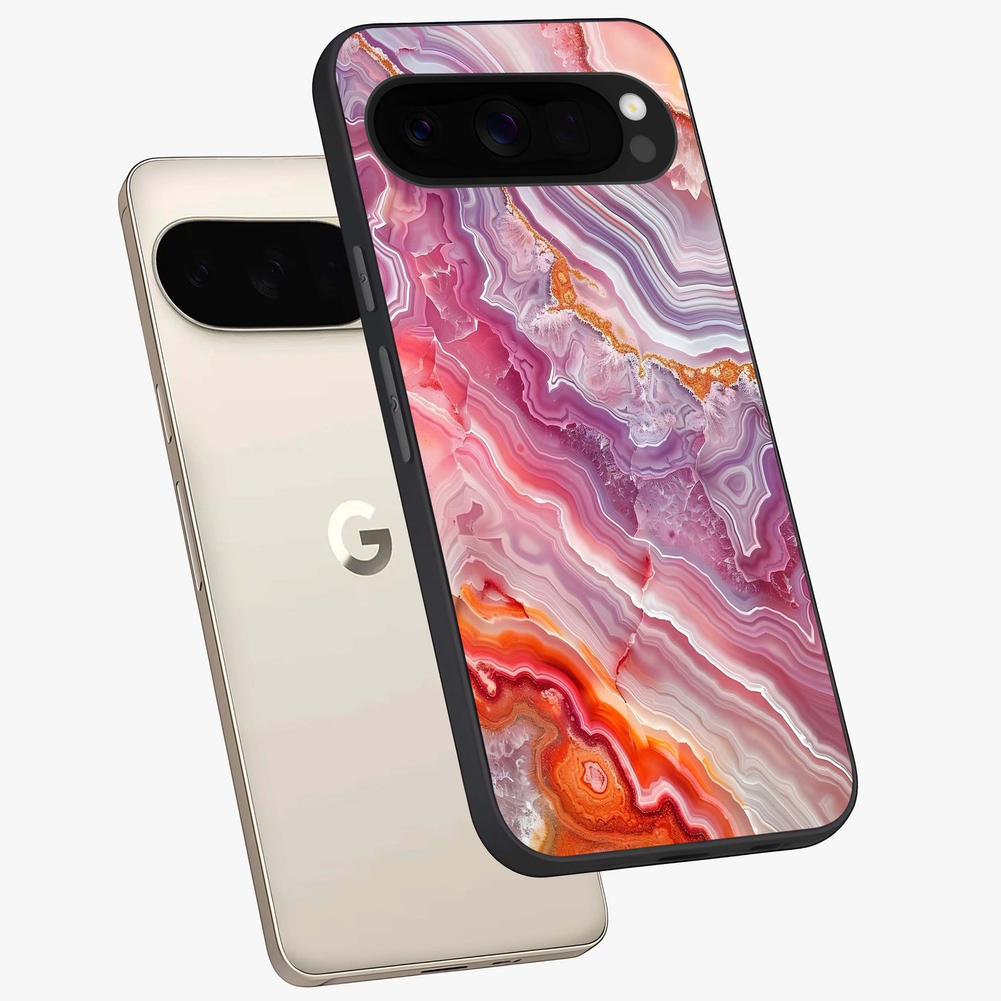 Rose Quartz Marble Glass Case displayed in angled mockup highlighting elegant marble pattern with soft aesthetic style.