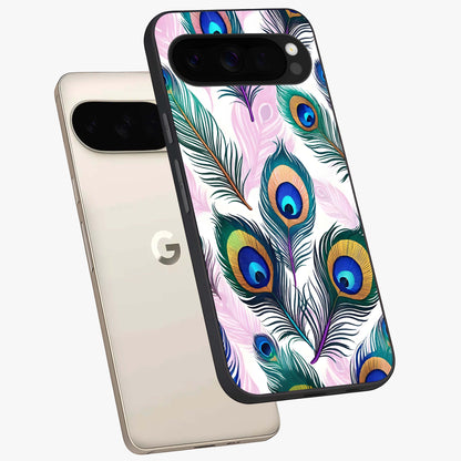 Royal Peacock Feathers Glass Case displayed in angled mockup highlighting vibrant feather pattern with regal aesthetic style.