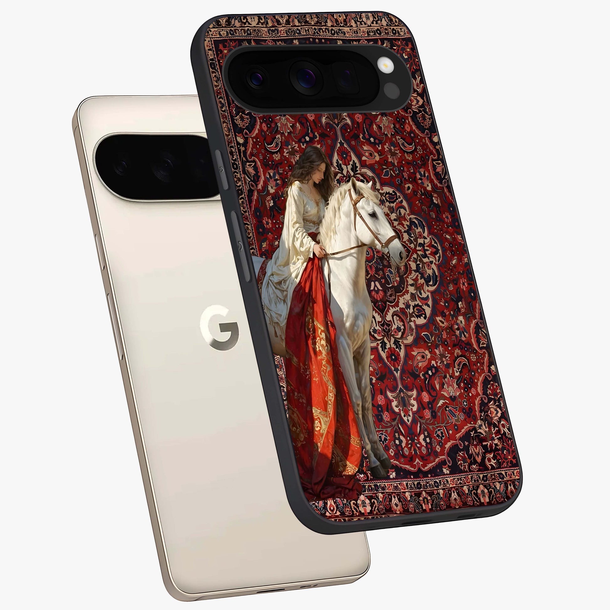 Royal Rider Tapestry Glass Case displayed in angled mockup highlighting traditional tapestry design with royal heritage aesthetic.