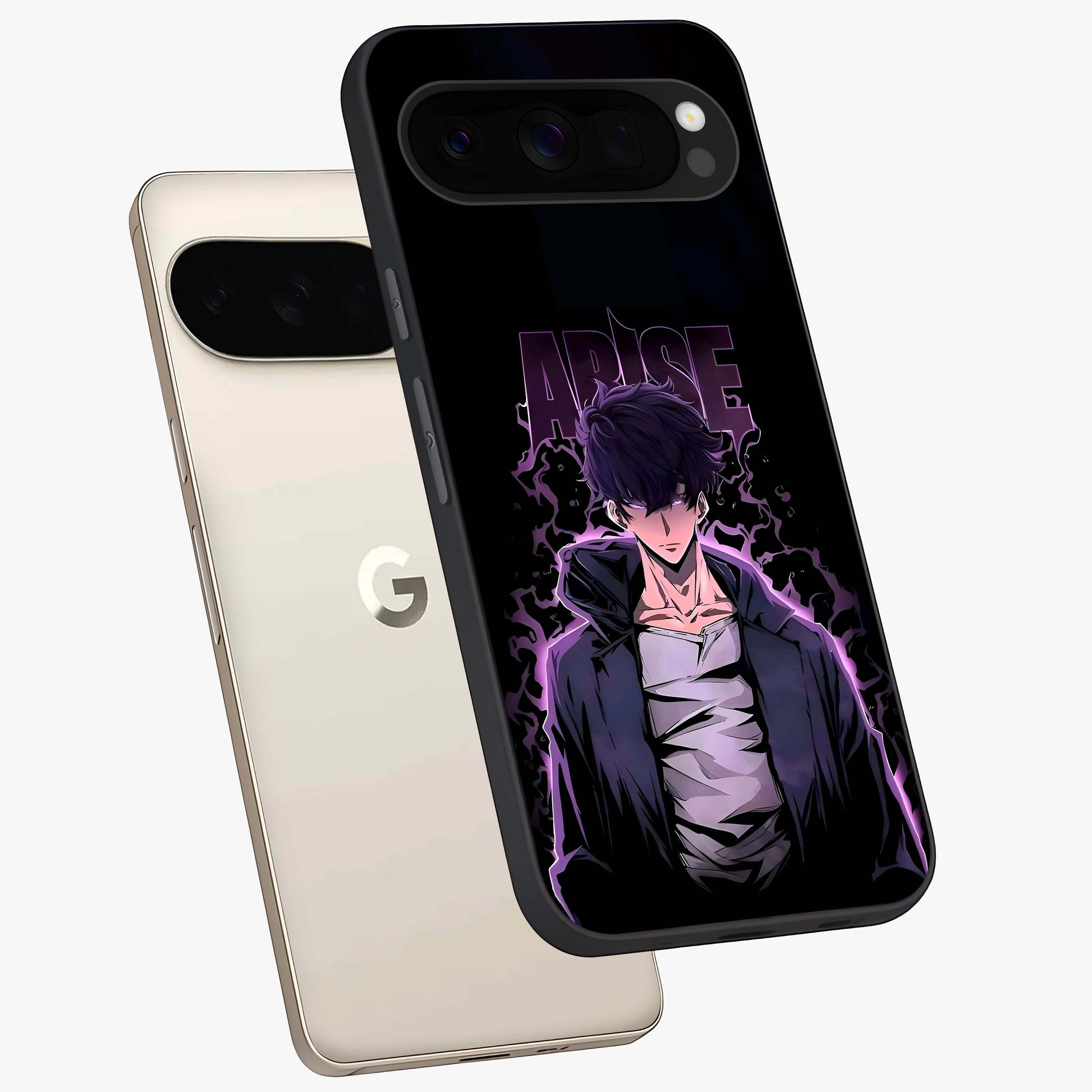 Shadow Monarch Awakening Glass Case displayed in angled mockup highlighting dramatic shadow warrior design with fantasy aesthetic.
