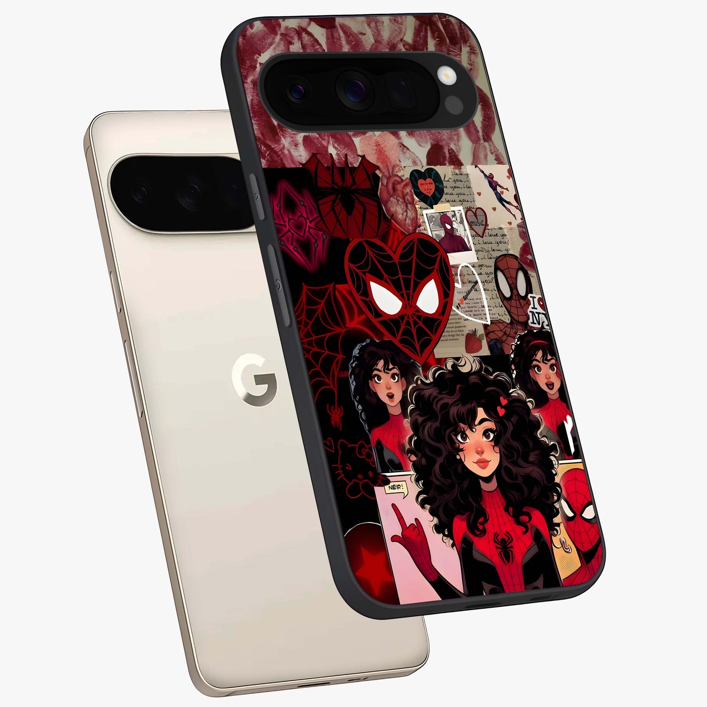 Spider Love Story Glass Case displayed in angled mockup highlighting expressive comic inspired design with playful aesthetic.