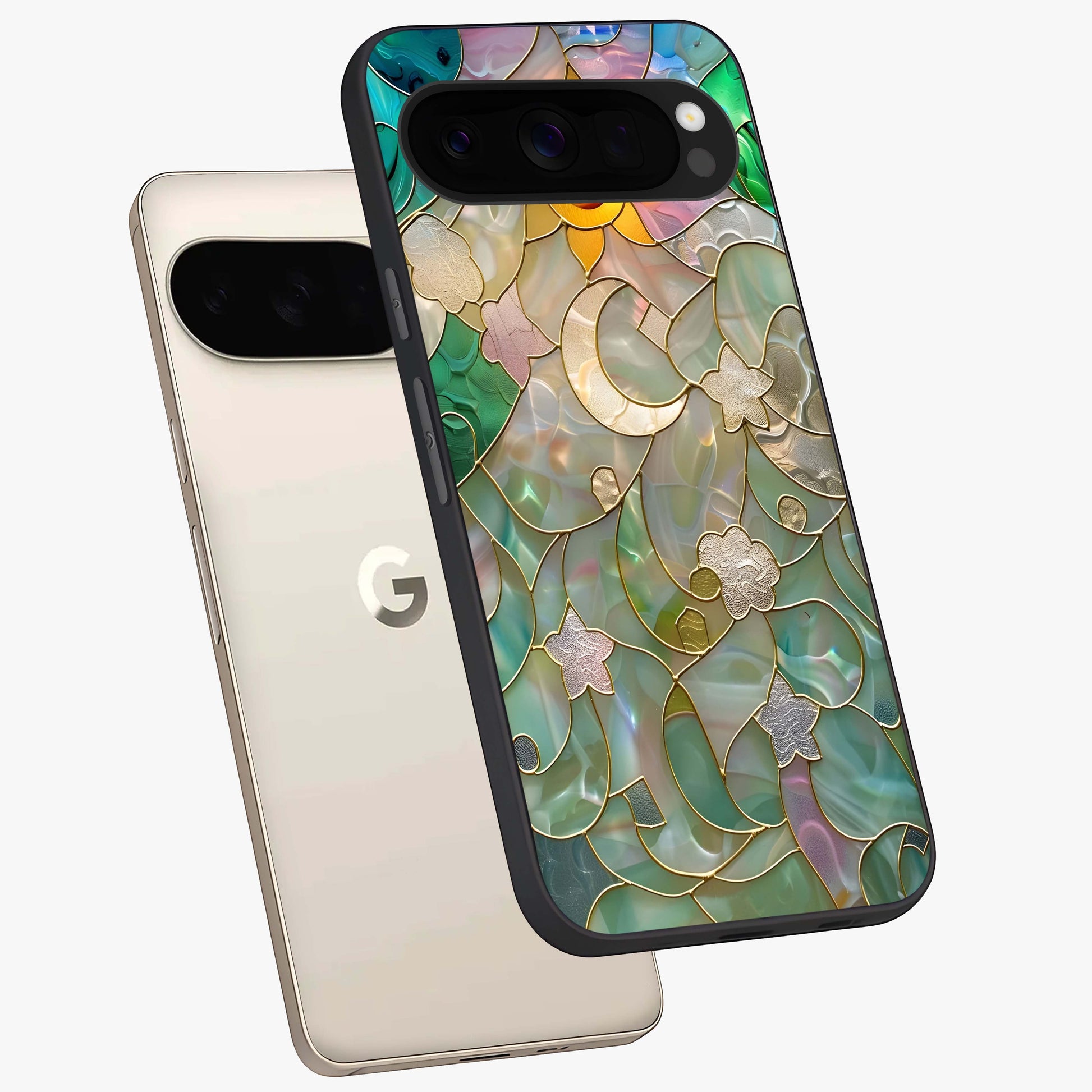 Stained Sunrise Glow Glass Case displayed in angled mockup highlighting radiant sunrise design with artistic aesthetic style.