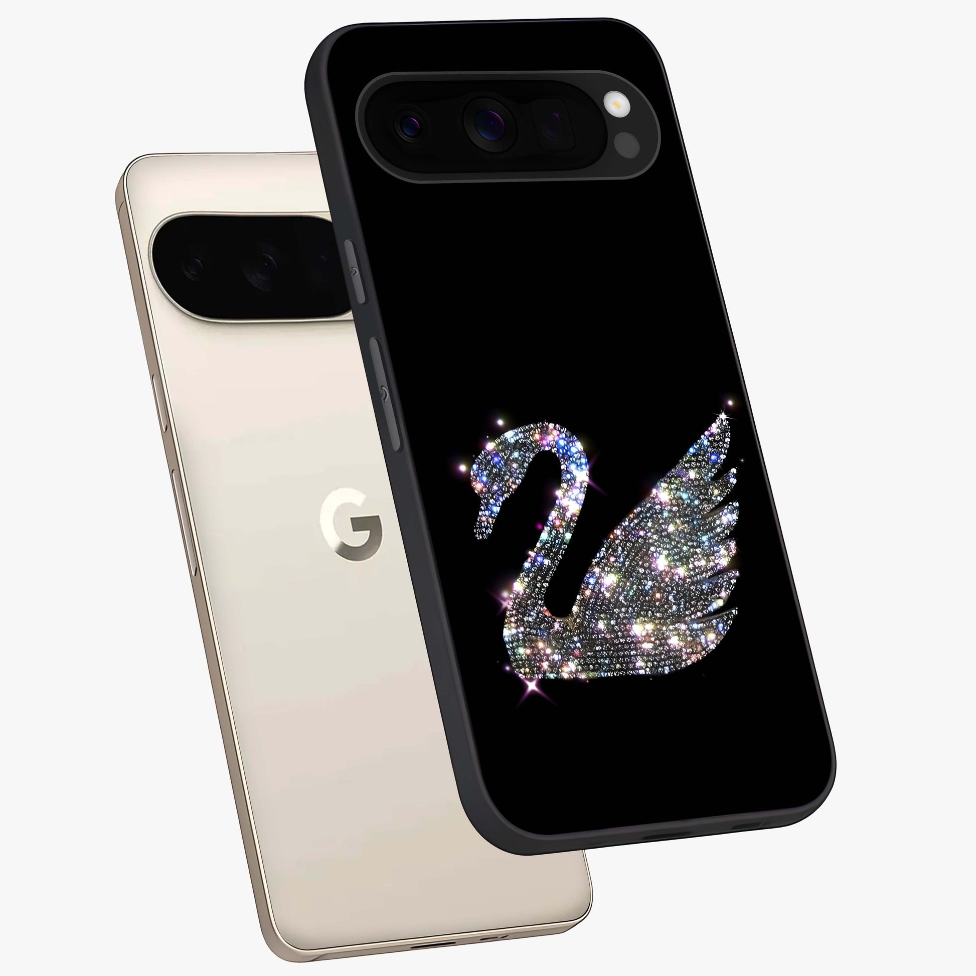 Starlit Swan Grace Glass Case displayed in angled mockup highlighting elegant swan illustration with dreamy celestial aesthetic.