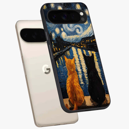 Starry River Cats Glass Case displayed in angled mockup highlighting charming feline illustration with dreamy night aesthetic.