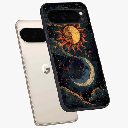 Sun And Moon Magic Design Glass Case displayed in angled mockup highlighting celestial design with magical cosmic aesthetic.