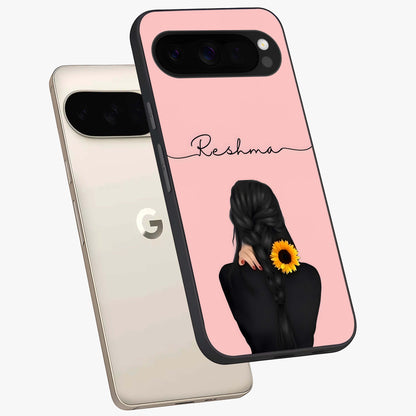 Sunflower Braid Beauty With Custom Name Glass Case displayed in angled mockup highlighting elegant sunflower design with custom name feature.