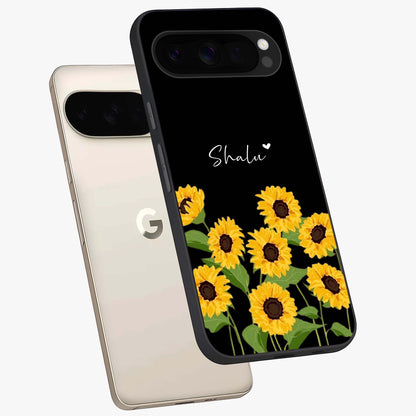 Sunflower Chic Mood Custom Name Glass Case displayed in angled mockup highlighting vibrant sunflower design with custom name feature.