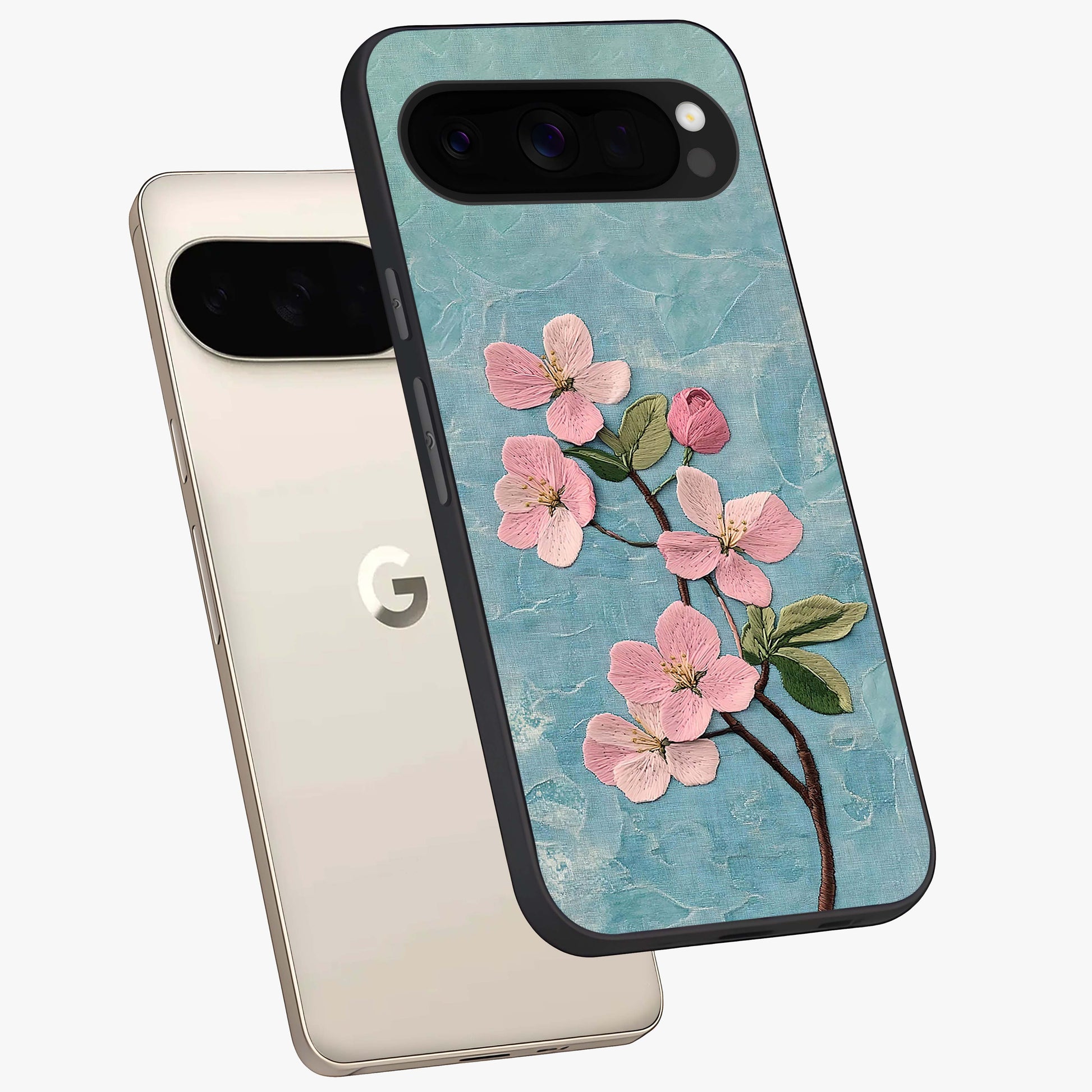 Threaded Blossom Breeze Glass Case displayed in angled mockup highlighting elegant floral design with soft aesthetic style.