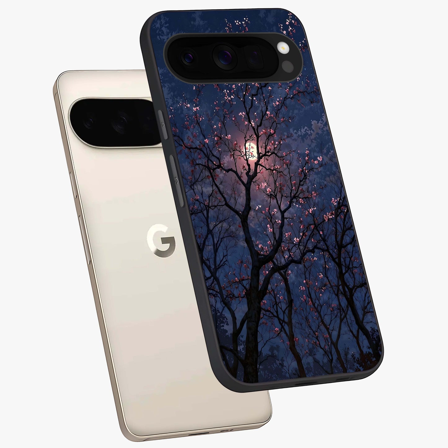 Twilight Sakura Serenade Glass Case displayed in angled mockup highlighting delicate sakura flower design with dreamy aesthetic.