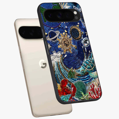 Universe Underwater Spark Glass Case displayed in angled mockup highlighting glowing aquatic design with celestial aesthetic.