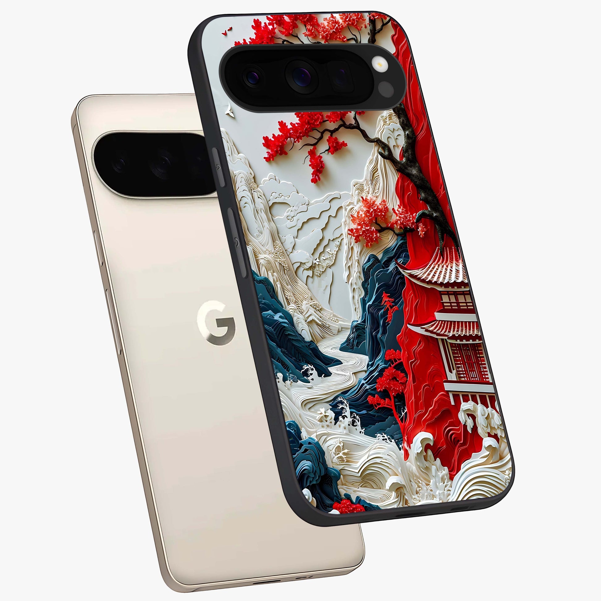 Whispers Of Sakura Waves Glass Case displayed in angled mockup highlighting flowing sakura design with soft floral aesthetic.