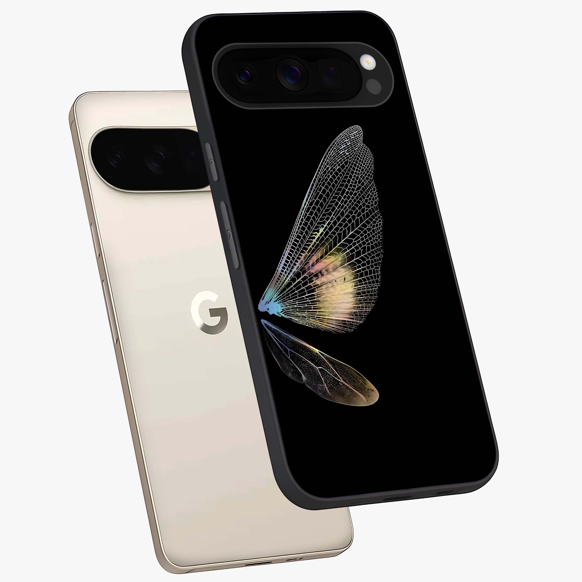 Whispers Of Wings Glass Case displayed in angled mockup highlighting soft feather design with celestial aesthetic style.