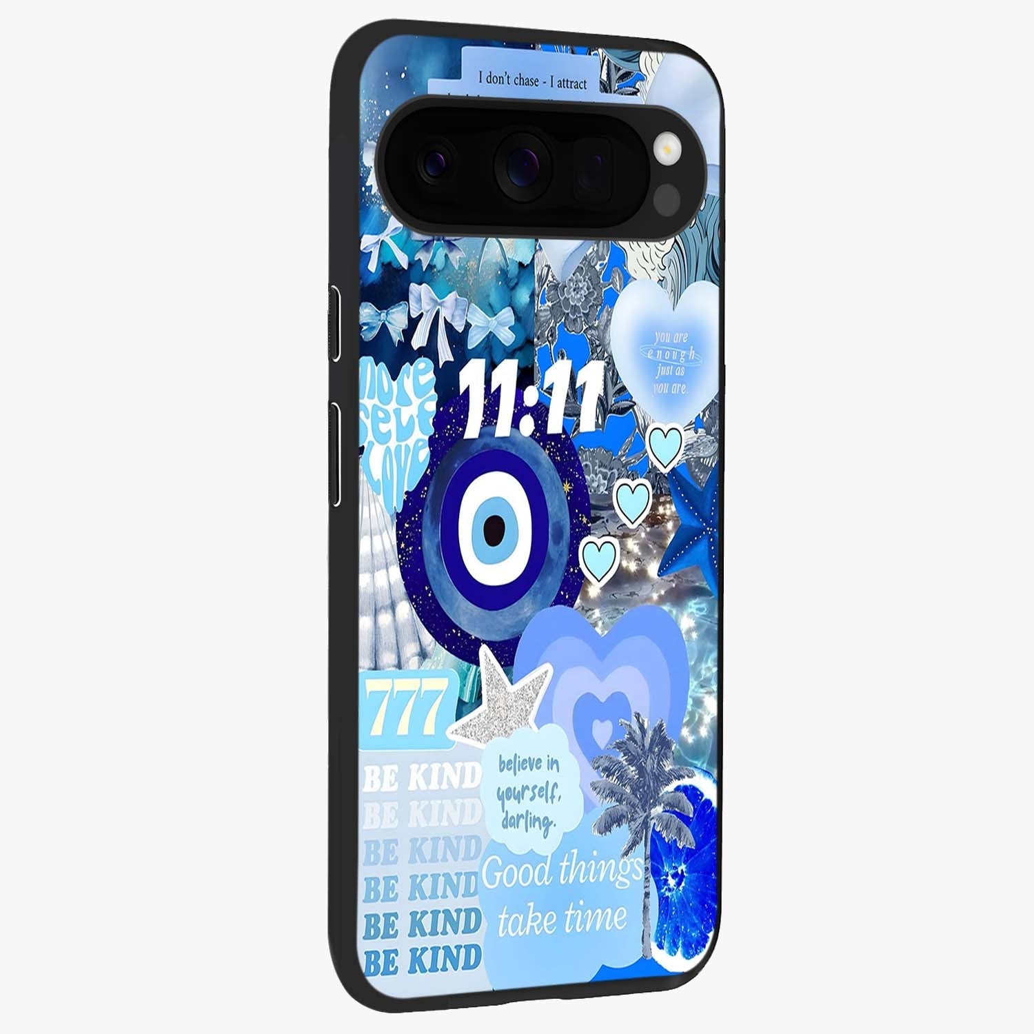 Aesthetic Be Kind Eye Glass Case upright view showcasing stylish eye illustration with positive message theme.