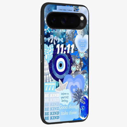 Aesthetic Be Kind Eye Glass Case upright view showcasing stylish eye illustration with positive message theme.