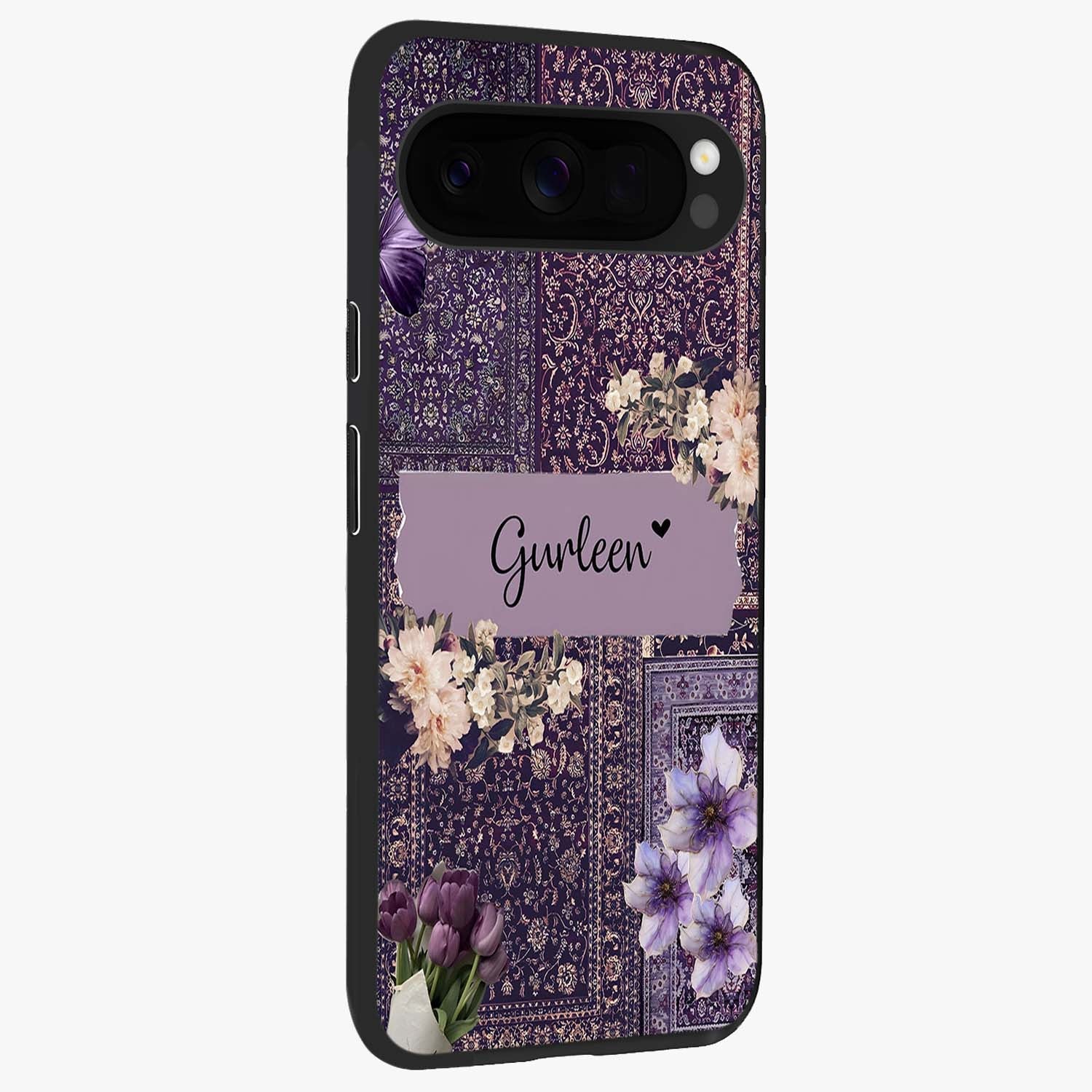 Antique Floral Whisper Custom Name Glass Case upright view showcasing delicate floral artwork with custom name feature.