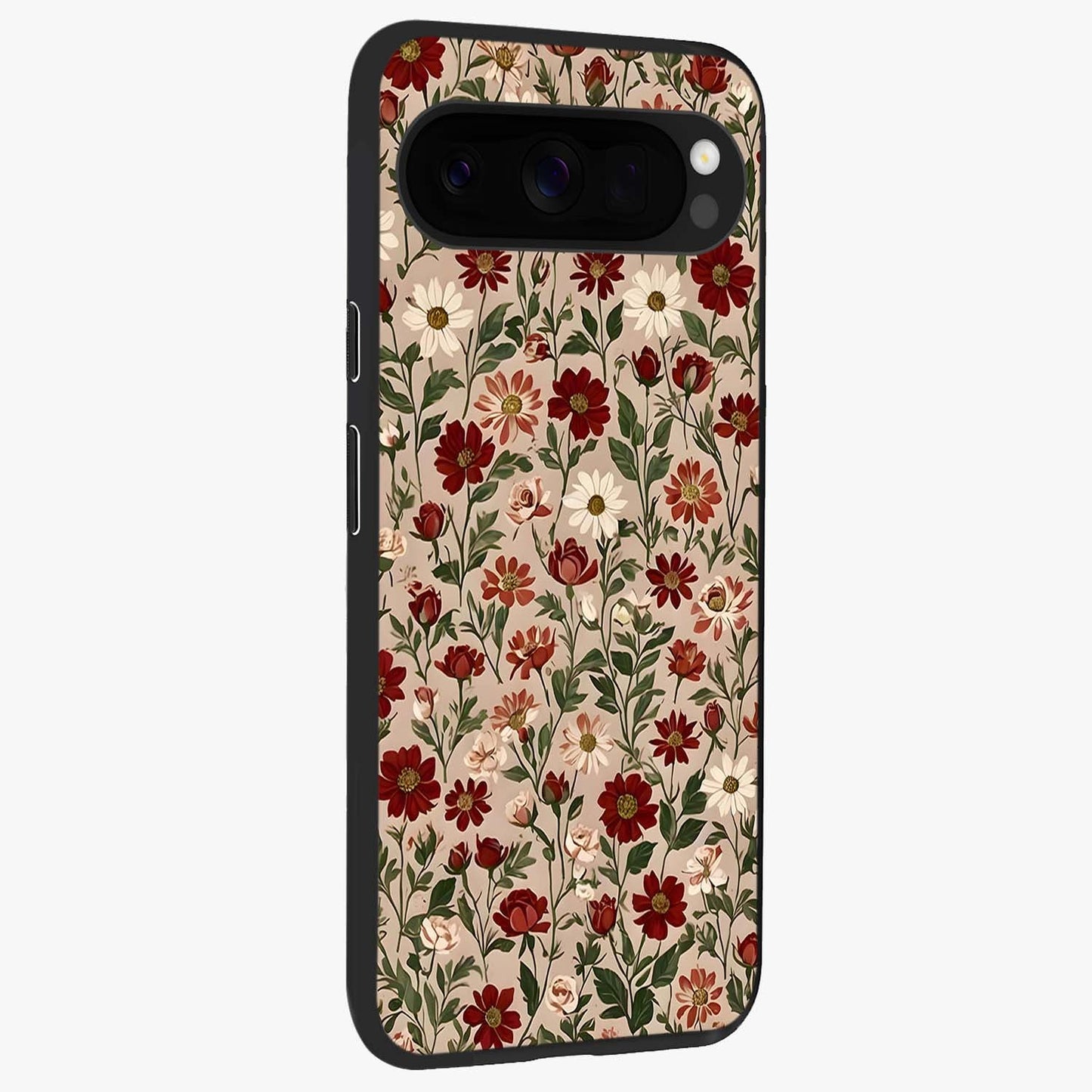 Biege Flower With Leaf Glass Case upright view showcasing delicate beige flower illustration with clean botanical style.