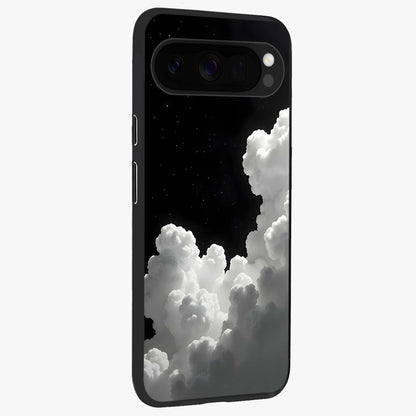 Black Background With White Cloud Glass Case upright view showcasing calm cloud aesthetic with modern minimal style.