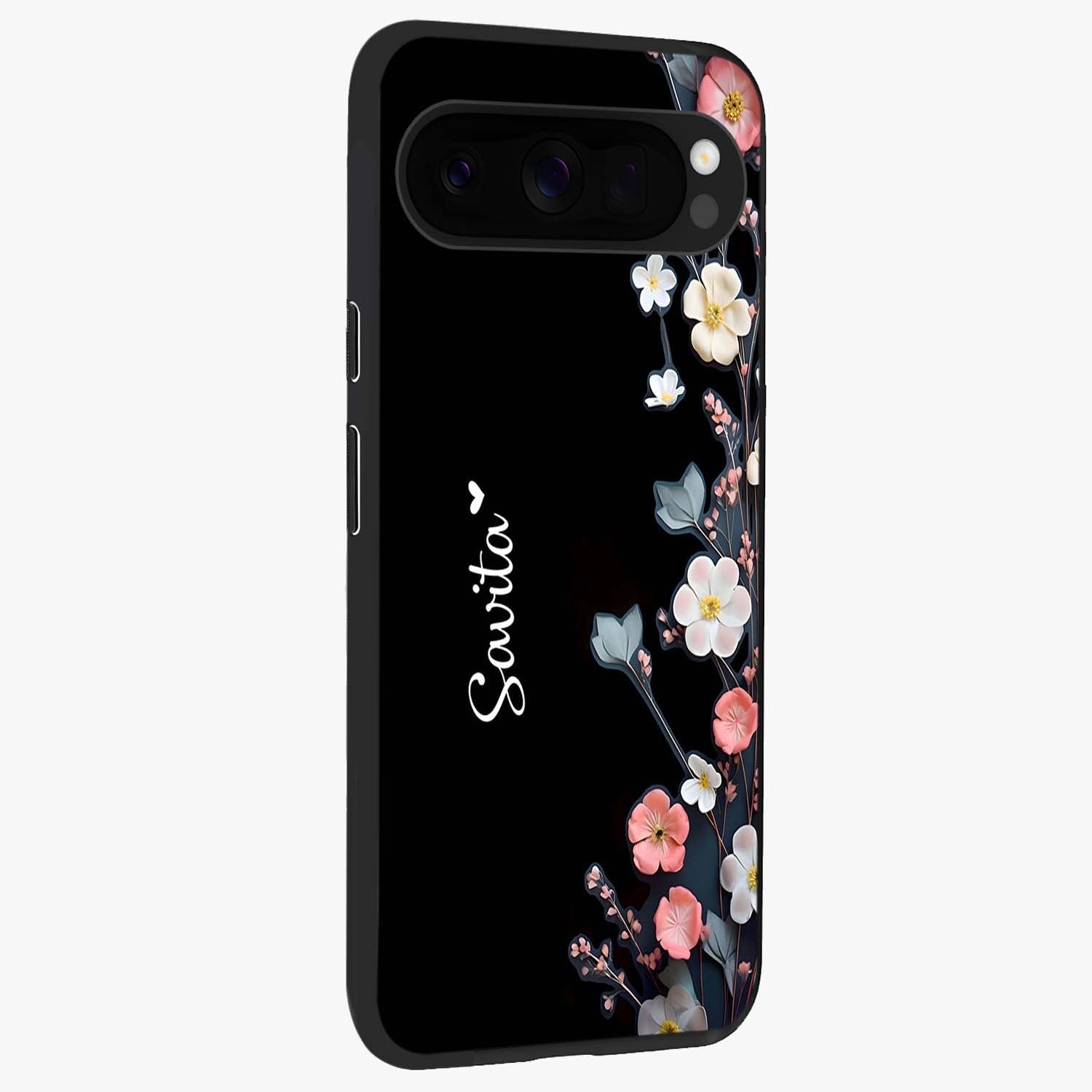 Black Elegance Floral Custom Name Glass Case upright view showcasing luxurious black floral design with personalized name detail.