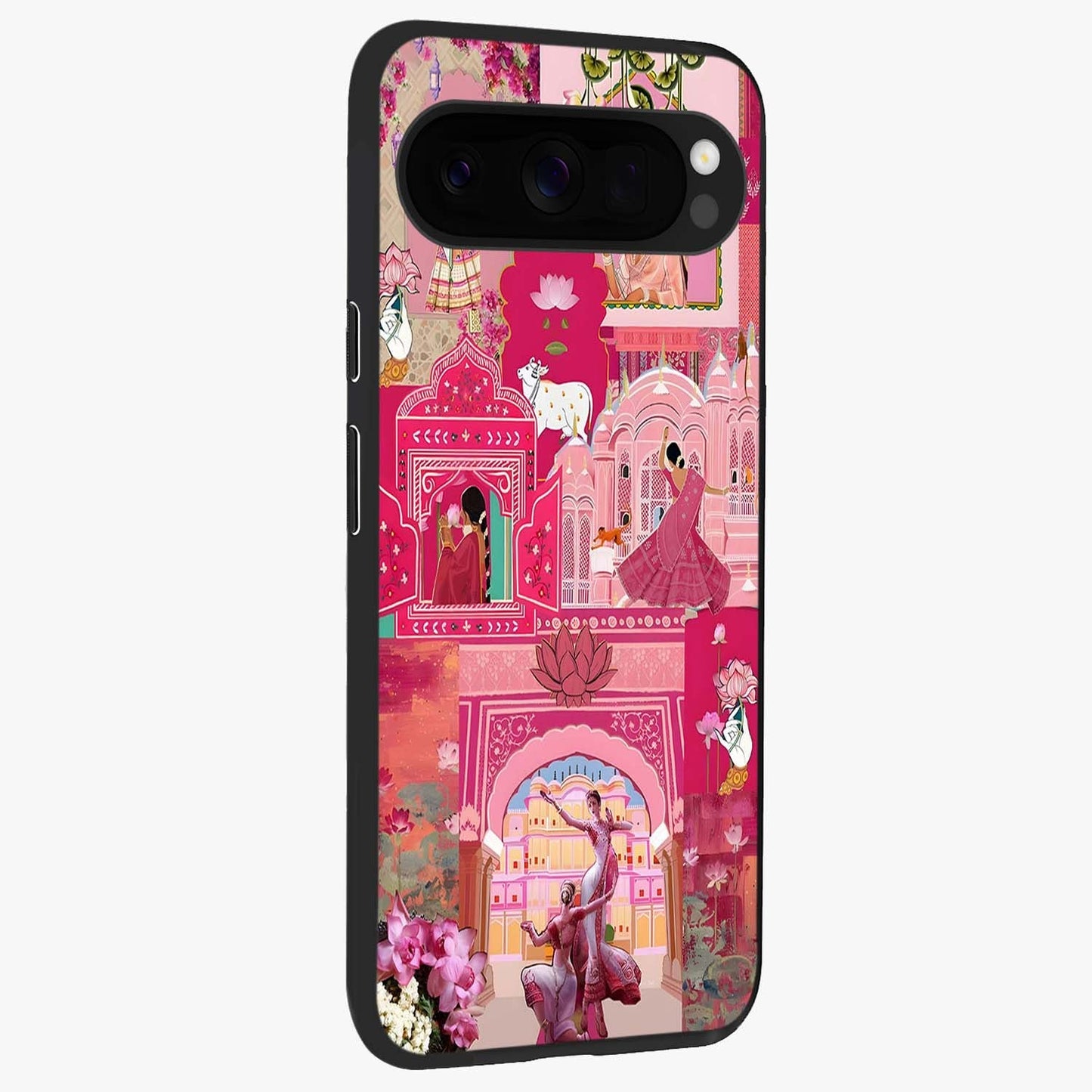 Blossoms of Rajasthan Glass Case upright view showcasing colorful floral design inspired by traditional Indian art.