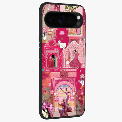 Blossoms of Rajasthan Glass Case upright view showcasing colorful floral design inspired by traditional Indian art.