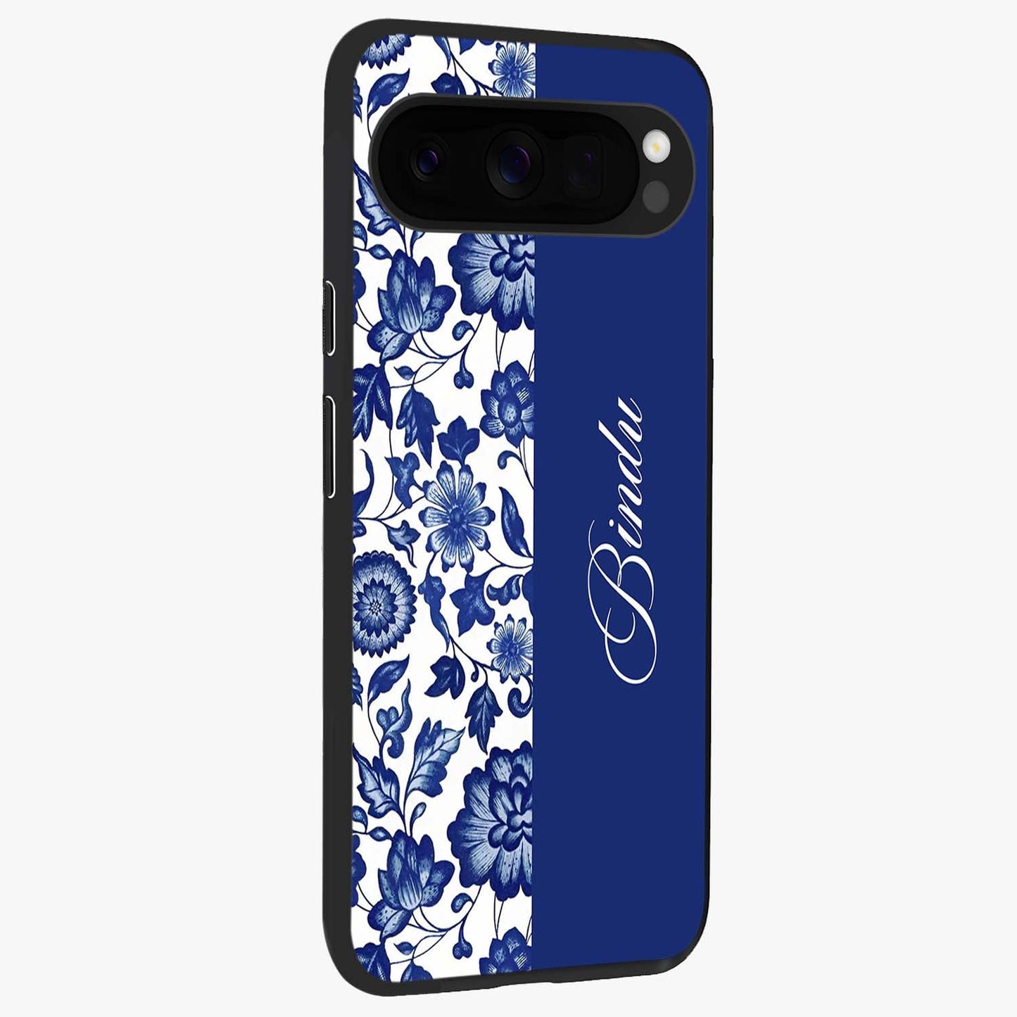 Blue Vintage Floral Pattern Glass Case upright view showcasing delicate blush floral texture with modern minimal style.