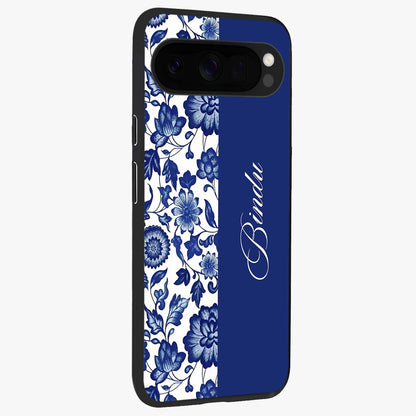 Blue Vintage Floral Pattern Glass Case upright view showcasing delicate blush floral texture with modern minimal style.